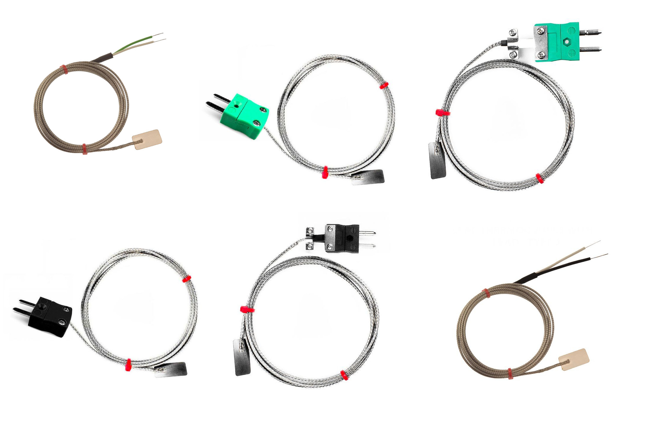 Termopar de hoja IEC, cable aislado de fibra de vidrio con trenzado de acero inoxidable que termina en colas desnudas, enchufe en miniatura o estndar