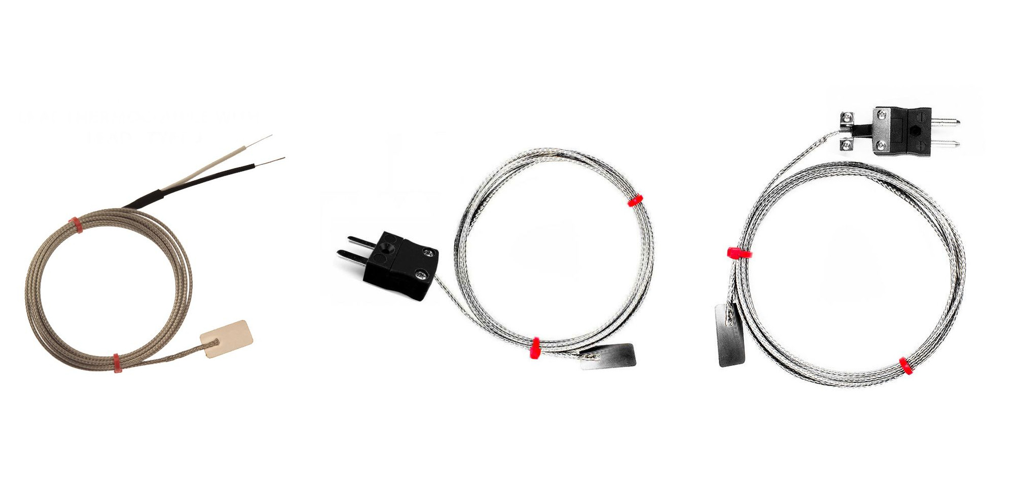 Termopar de hoja IEC, cable aislado con fibra de vidrio con trenzado de acero inoxidable que termina en colas desnudas, enchufe en miniatura o estndar - Tipo J
