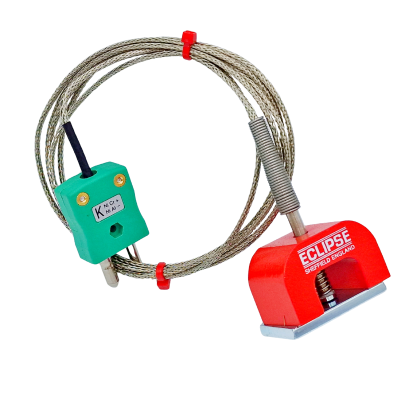 Termopar magntico de potencia de traccin (herradura) tipo K IEC, cable aislado con PFA con trenza de acero inoxidable que termina en enchufe estndar
