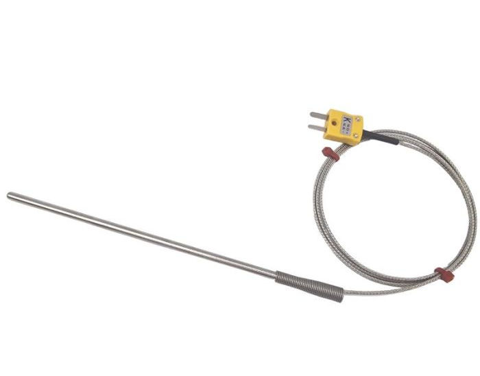 Sonda de termopar de uso general ANSI, cable aislado con fibra de vidrio con trenzado de acero inoxidable - Terminacin tipo K en enchufe en miniatura