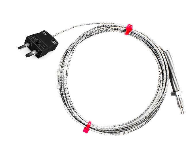 Termopar de boquilla IEC, cable aislado de fibra de vidrio con trenzado de acero inoxidable - Tipo J - Terminacin de enchufe en miniatura