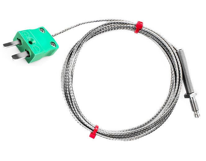 Termopar de boquilla IEC, cable aislado de fibra de vidrio con trenzado de acero inoxidable - Tipo K - Terminacin de enchufe en miniatura