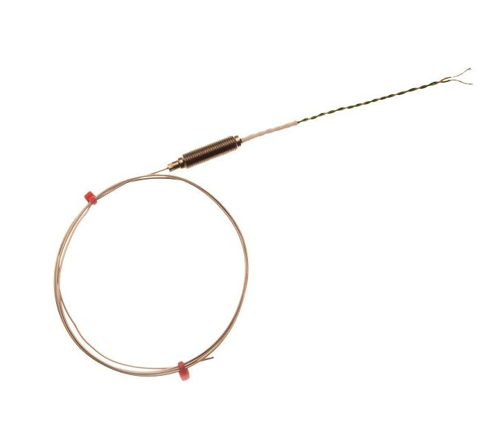 Termopar con aislamiento mineral IEC con potencimetro roscado y 100 mm de cable IEC trenzado doble aislado con PFA - Tipo J