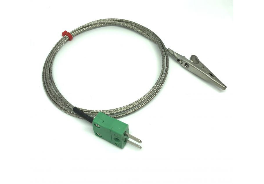 Termopar de clip de cocodrilo IEC con cable trenzado de acero inoxidable de fibra de vidrio - Tipo K