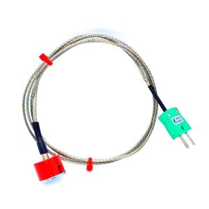 Termopar magntico de botn de traccin IEC tipo K de 1,9 kg, cable aislado con PFA con trenza de acero inoxidable que termina en enchufe en miniatura - 2M