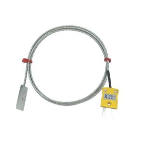 Termopar de hoja ANSI tipo K, cable aislado con fibra de vidrio con sobretrenzado de acero inoxidable que termina en colas desnudas, tapn miniatura o estndar