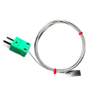 Termopar de hoja IEC, cable aislado en fibra de vidrio con trenza de acero inoxidable que termina en colas desnudas, enchufe en miniatura o estndar - tipo K, J