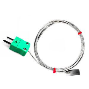 Termopar de hojas IEC tipo K y J, cable aislado de fibra de vidrio con sobretrenzado de acero inoxidable que termina en colas desnudas, enchufe en miniatura o estndar