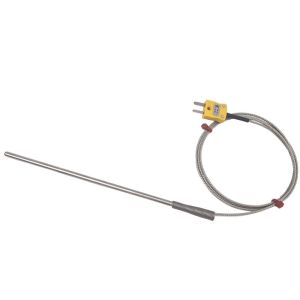 Sonda de termopar de uso general ANSI tipo K, cable aislado con fibra de vidrio con trenza de acero inoxidable que termina en colas desnudas, tapn en miniatura o estndar