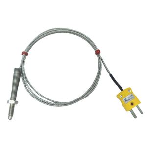 Termopar de boquilla ANSI tipo K, cable aislado con fibra de vidrio con sobretrenzado de acero inoxidable que termina en colas desnudas, tapn miniatura o estndar