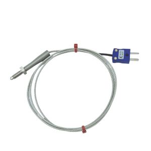 Termopar de boquilla JIS tipo K, cable aislado con fibra de vidrio con sobretrenzado de acero inoxidable que termina en colas desnudas, tapn en miniatura o estndar