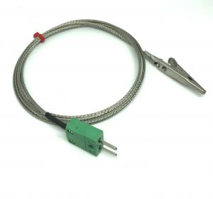 Termopar de clip de cocodrilo IEC con cable trenzado de acero inoxidable de fibra de vidrio - Tipo K,J