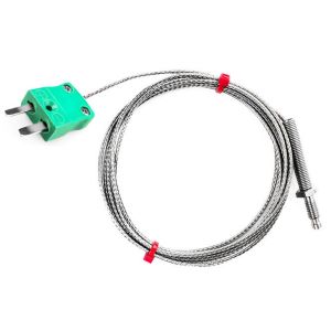 Termopar de boquilla IEC, cable aislado de fibra de vidrio con trenzado de acero inoxidable - Tipo K - Terminacin de enchufe en miniatura - 2M